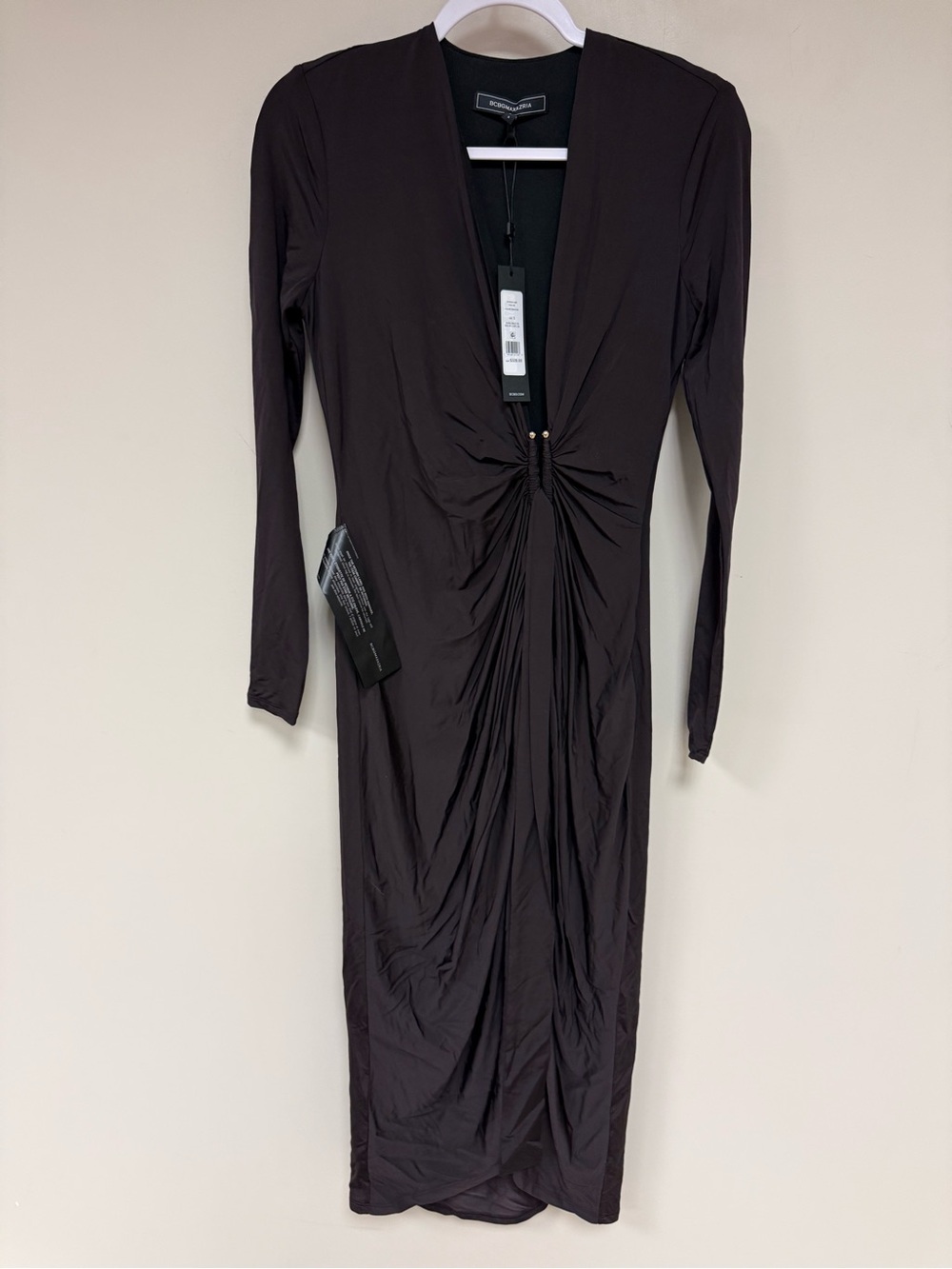 BCBGMaxAzria Brown Long-Sleeve Twist-Front Midi Dress